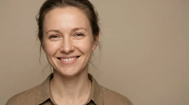 woman, portrait, smiling, happy, genuine smile, natural beauty, authentic, female, adult, caucasian, headshot, close up, studio shot, joy, confident, looking at camera, real people, human face, cheerful, healthy skin, natural expression, brown hair, beige background, ai generated. What a corporate headshot contract covers for Austin and Seattle tech clients